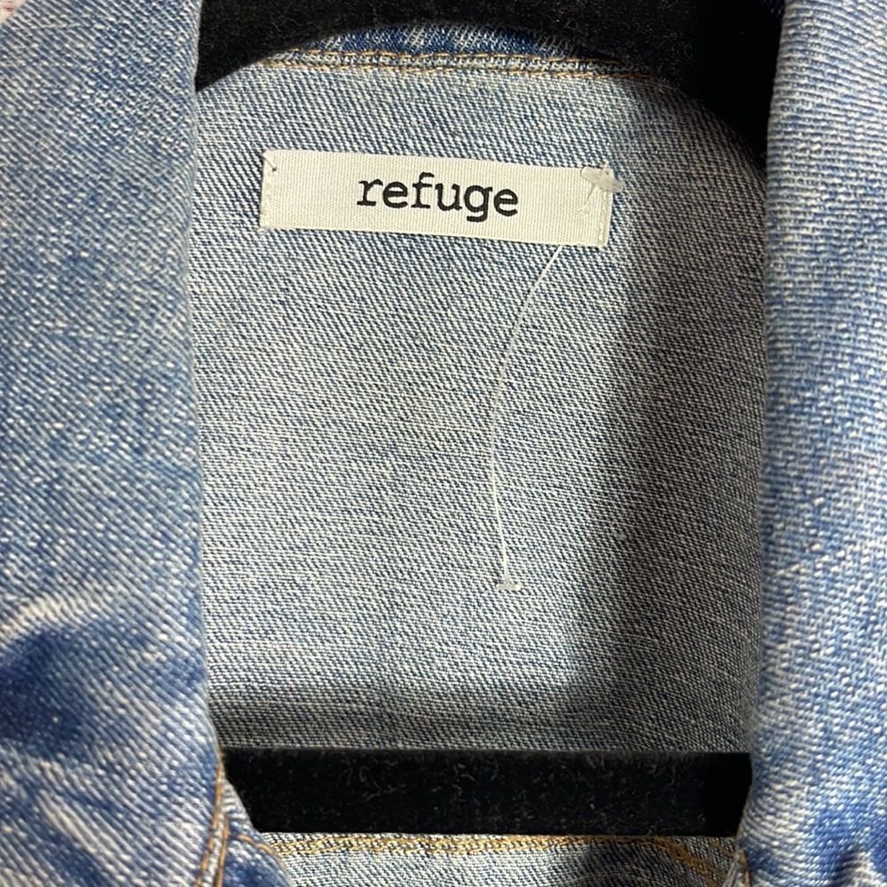 Refuge Denim jacket womens size large long sleeve raw‎ hem cropped cow Girl Blue - Picture 3 of 9